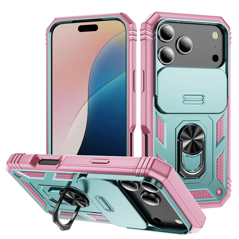360 Ring Holder Kickstand Slide Camera Protection Phone Case for iPhone 17 Air 16 16E 15 14 Plus 13 12 11 XS X XR Pro Max Cover