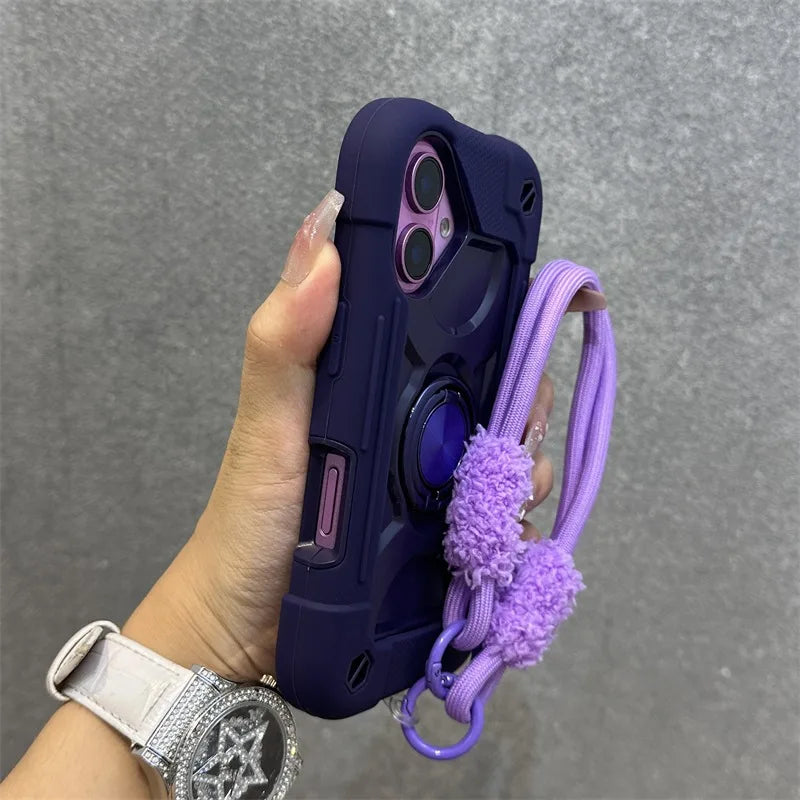 3 in 1 Ring Holder Heavy Duty Case for iPhone 16 17 15 14 13 12 11 Pro Max Plus Air Anti-knock Shockproof Lanyard Chain Cover