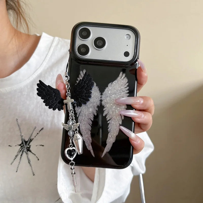  Luxury Laser Cute Cartoon Angel wings Baby Black Phone Case For iPhone 15 16 17Pro Max Y2k Angel wings pendant﻿﻿﻿﻿﻿﻿﻿﻿﻿﻿﻿﻿﻿﻿﻿﻿