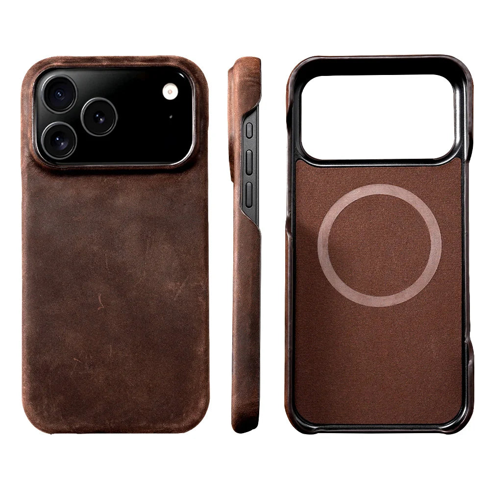 for Magsafe Case for iPhone 15 16 17 Pro Max 17Pro 17 Air 16Pro Retro Luxury Genuine PULL-UP Leather Magnetic Phone Back Cover
