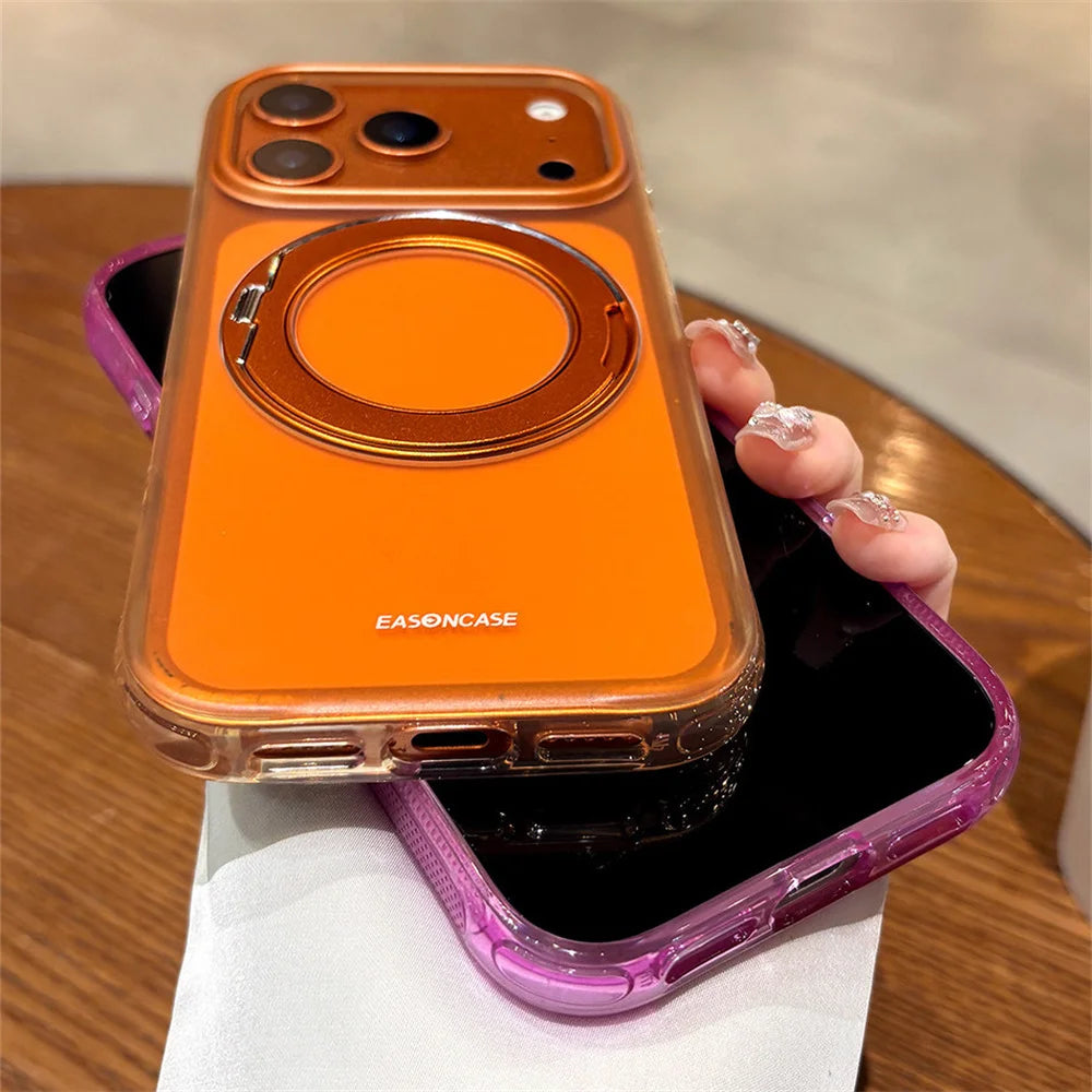 Magnet Holder Rotating Magnetic Stand Phone Case For iPhone 16 17 Pro Max Matte Translucent Shockproof Clashing Color Back Cover