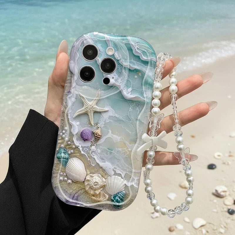 Beach Seashell Starfish Pattern Phone Case For iPhone 17 16 15 14 13 12 11 Pro Max 16E 17E With Lanyard Clear Wavy-edge Cover