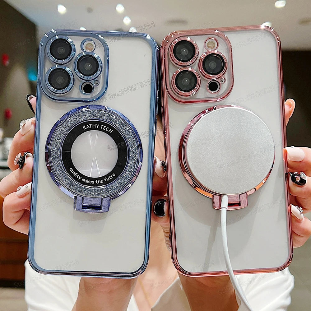 Magnetic For Magsafe Charging Case For iPhone 17 15 11 12 13 14 16 17 Pro Max Air Plus Glitter Folding Stand Plating Clear Cover