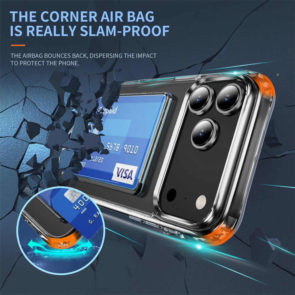 Luxury Transparent Wallet Card Slots Holder Phone Case For iPhone 17 16 15 14 Pro Max 13 12 11 XR X Plus HD Acrylic Clear Cover