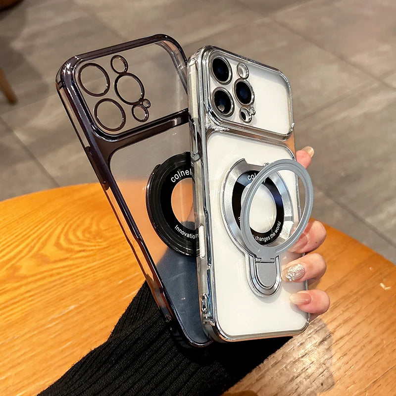 For Magsafe Wireless Charging Case For iPhone 17 Pro Max 17e 16e 14 15 13 12 11 16 Plus Transparent Plating Ring Holder Cover
