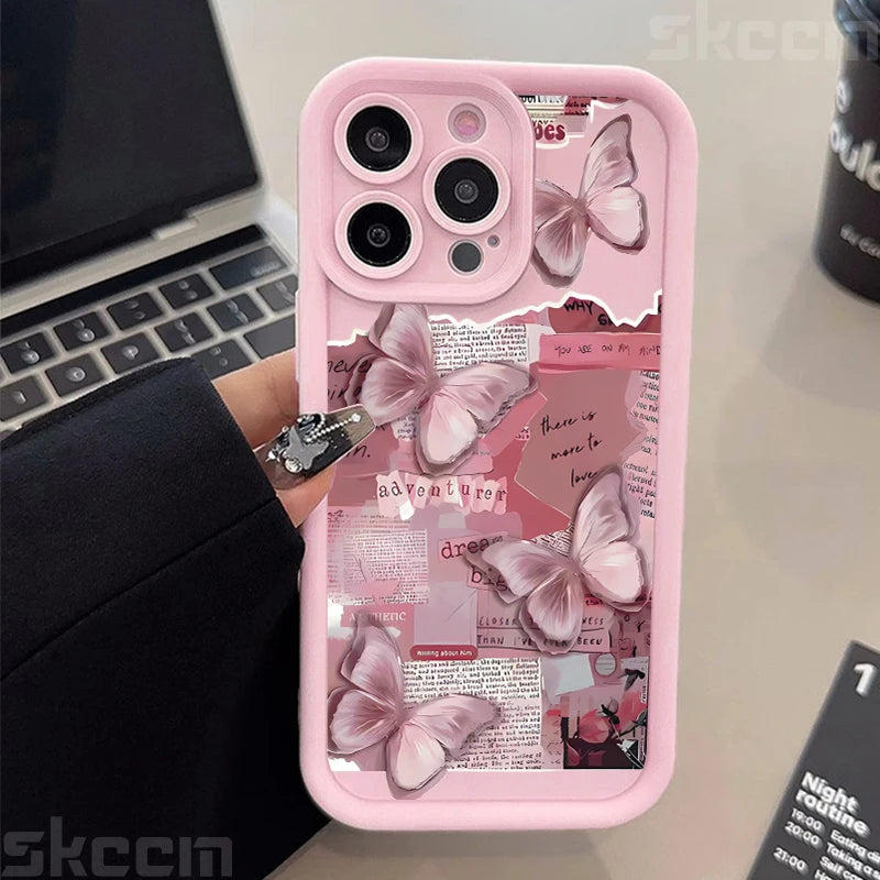 Pink Cute Butterfly Silicone Soft Phone Case For iPhone 17 16 16E 15 14 13 12 11 Pro Max XS XR X 7 8 Plus Shockproof Candy Cover