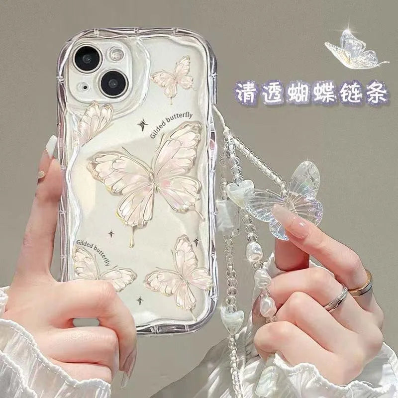 Korean Cute 3D Butterfly Bracelet Chain Phone Case For IPhone 15 16 17 Pro Max 14 11 13 12 Mini Plus 16E 17 Air Wavy Clear Cover