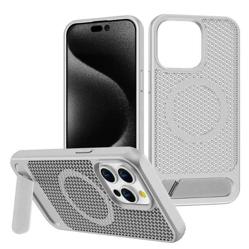 Luxury Cooling Stand Magnetic Phone Case For iPhone 15 14 13 11 12 16 Pro Max Heat Dissipation Plain Color Shockproof Back Cover