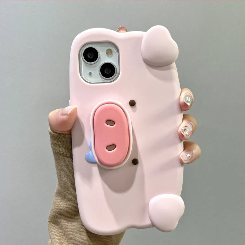 Fun 3D Pink Saliva Pig Nose Invisible Bracket Case For iPhone 13 14 15 16 17 Pro Max Cute Creative Holder Stand Shockproof Cover