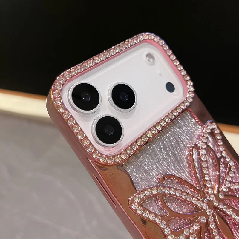 3D Bling Glitter Butterfly Gradient Diamond Phone Case For iPhone 17 Air 16 15 14 13 12 11 Pro Max Plus Plating Shockproof Cover