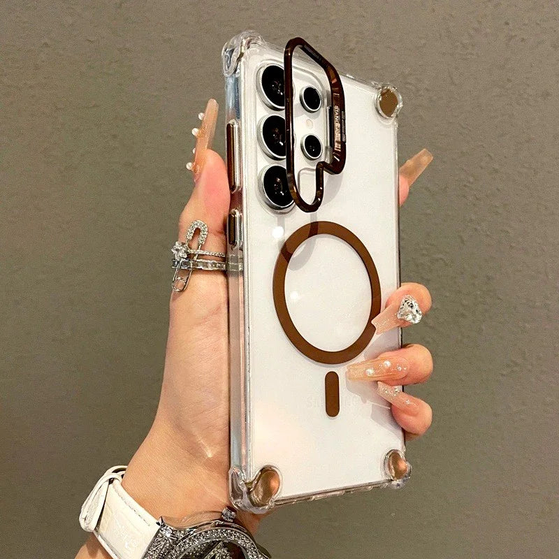 Luxury Transparent Case For Samsung Galaxy A56 A36 A16 A17 A26 S25 S24 S23 Ultra Plus FE For Magsafe Wireless Charge Stand Cover