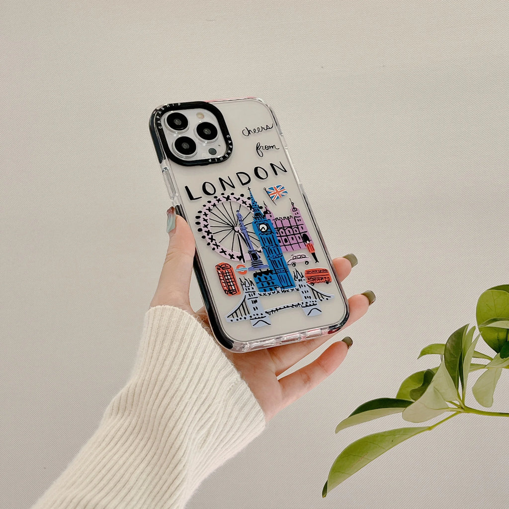 Paris London New York City Landmark building Cartoon Doodle Cover Case For iPhone 16 15 14 13 12 11 Pro Max 7 8 Plus Mini X XR