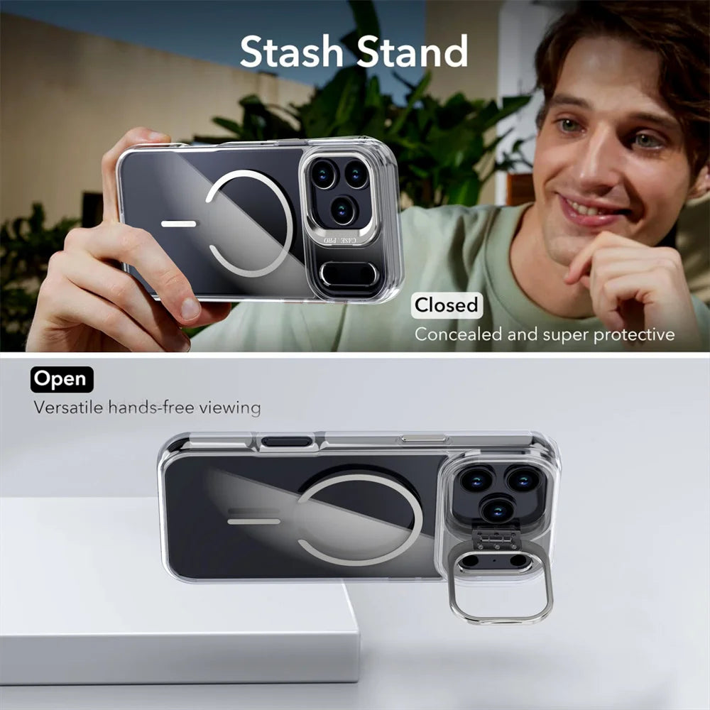 Original For Magsafe Invisible Lens Stand Holder Phone Case For iPhone 17 Pro Max Air 14 15 16 Plus 13 12 11 Clear Acrylic Cover