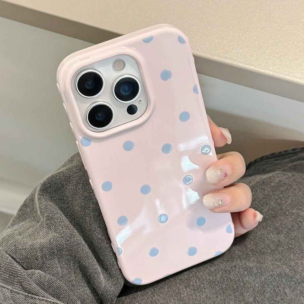 Korean Simple Full Screen Pink Blue Polka Dots Soft Phone Case For iPhone 16 15 14 13 12 17 Pro Max Shockproof Protective Cover