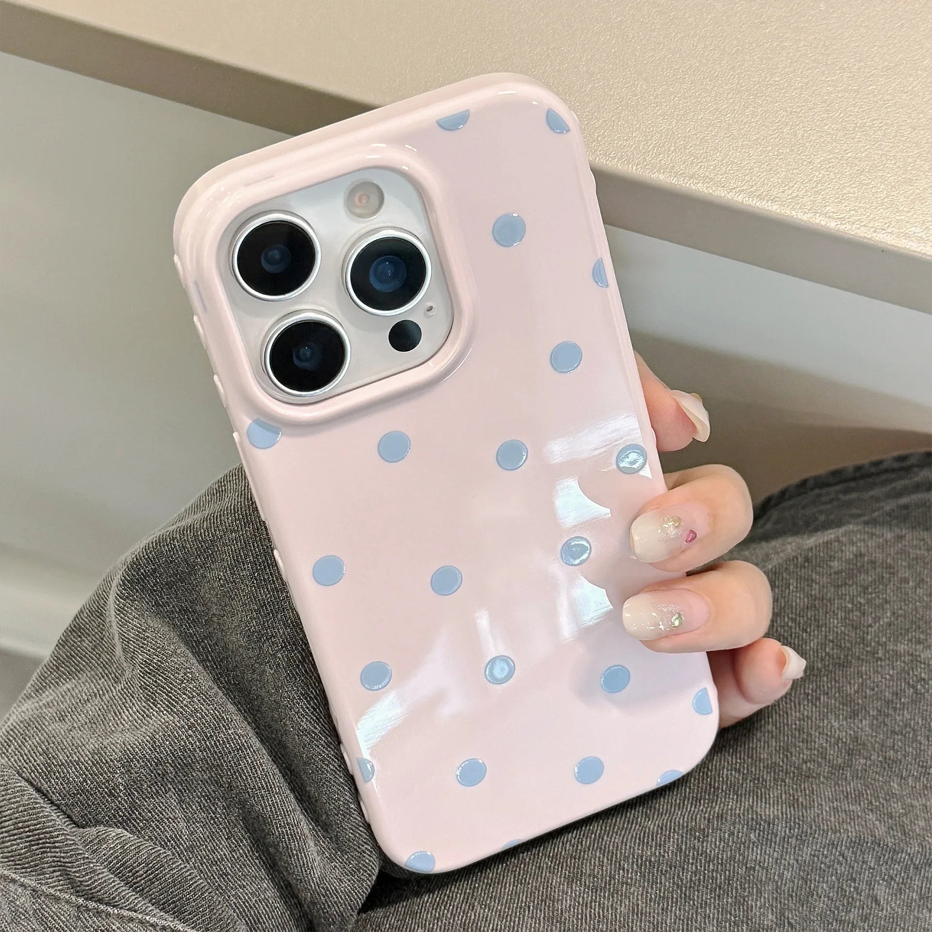Korean Simple Full Screen Pink Blue Polka Dots Soft Phone Case For iPhone 16 15 14 13 12 17 Pro Max Shockproof Protective Cover