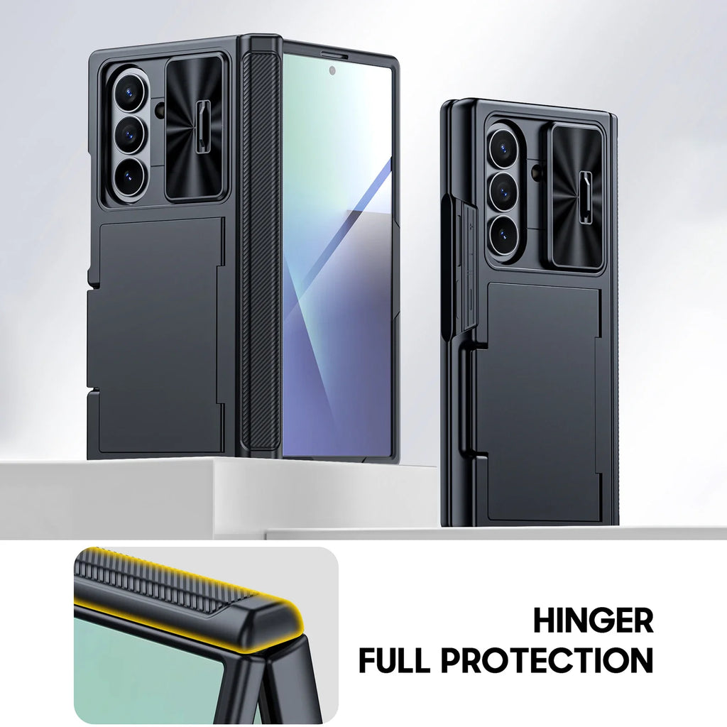 for Galaxy Z Fold 7 Case,RFID Wallet with Cards Holder,Hinge Cover,Camera Cover,Shockproof Silicone Protective Phone Case-Black