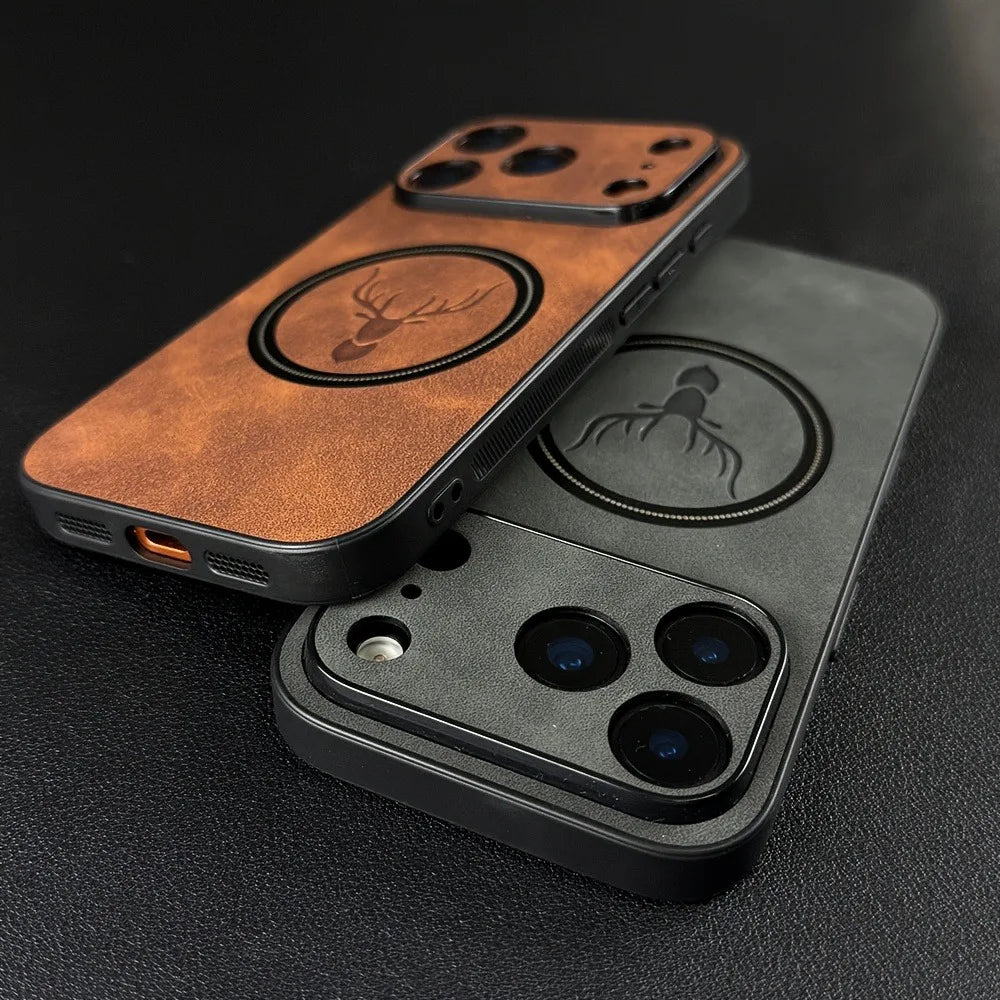 Magnetic Deer Head Pattern Leather Phone Case For iPhone 17 16 15 14 13 12 Pro Max Plus 17Pro Air For Magsafe Shockproof Cover