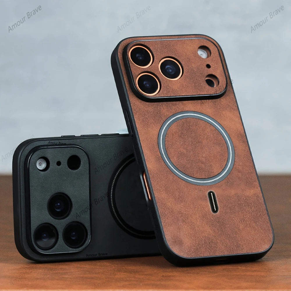 For Magsafe Leather Shockproof Phone Cases For iPhone 17 16 15 14 13 12 11 Pro Max 16e Plus Air Magnetic Wireless Charge Cover