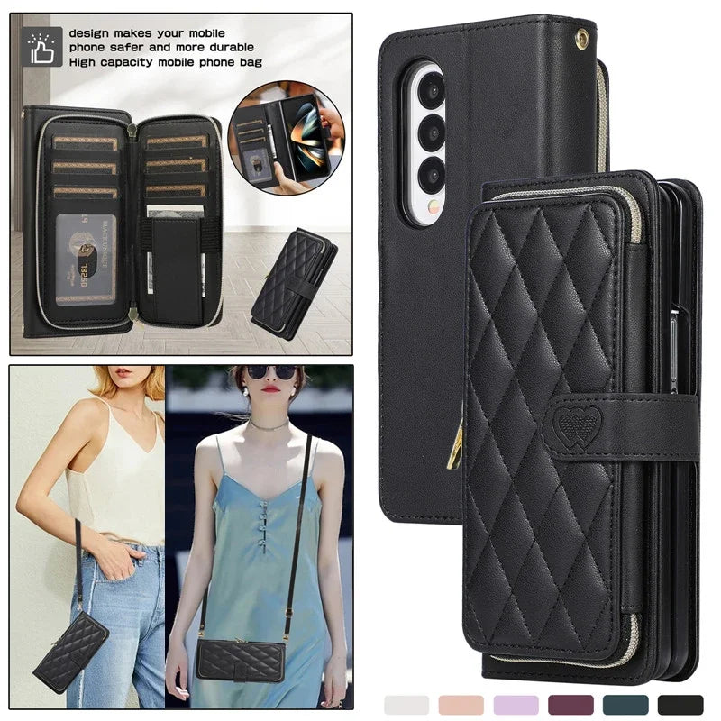 Crossbody Leather Zipper Wallet Card Phone Case for Samsung Galaxy Z Fold 7 6 5 4 3 5G Luxury Wrist Rope Flip Stand Cover Coque