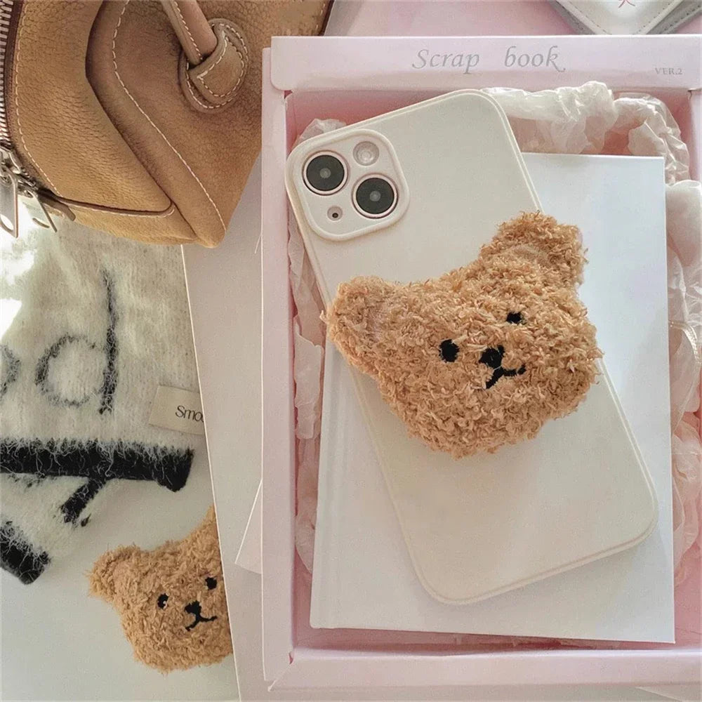 Korea Cute 3D Warm Plush Bear For Magsafe Magnetic Phone Griptok Grip Tok Stand For iPhone Wireless Charging Holder Bracket Ring