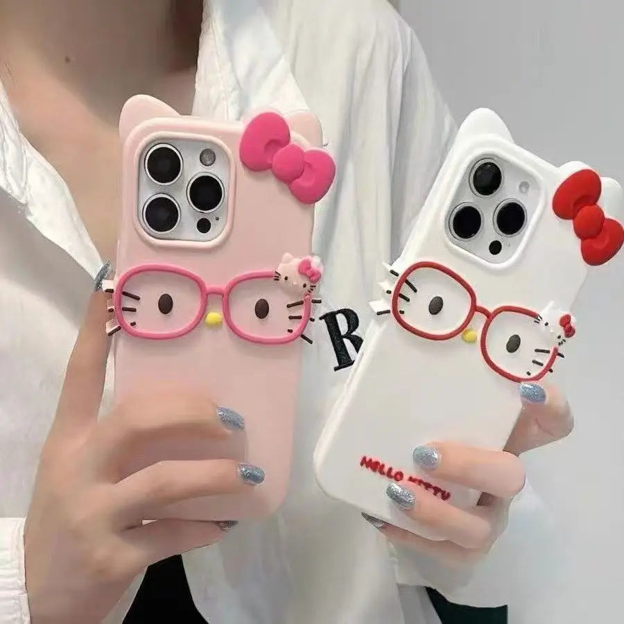 Hello Kitty 3D Glasses Cat Shockproof Silicone Phone Shell for IPhone17 Pro Max 16 15 Plus 14 13 Mini 12 11 4 4S 5 5S 7 8 Series