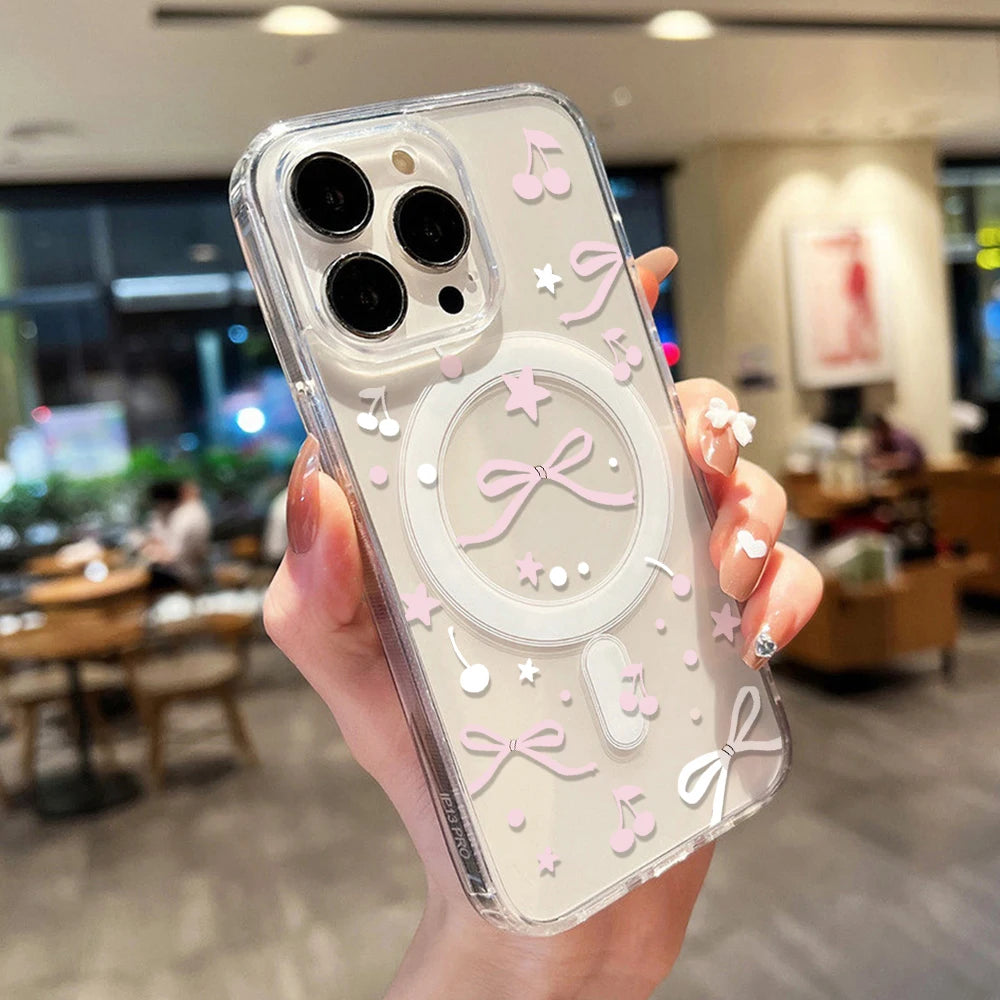 Cute Bow For Magsafe Wireless Charger Case For iPhone 17 14 15 13 11 12 16 Pro Max Funda iPhone 17Air Magnetic Clear Phone Cover