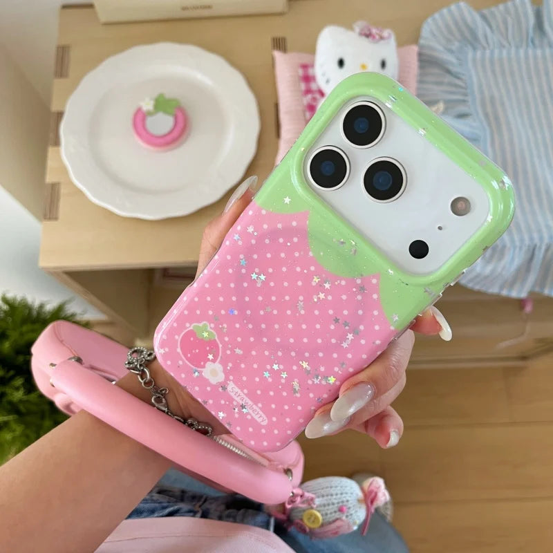 Korean Star Polka Dot Strawberry Magnetic Phone Case For iPhone 17 Pro 15 14 16 Pro Max Cover with Magsafe Stand Cute Cases Capa