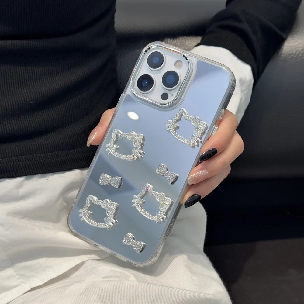 Luxury Kitty Bowknot Make Up Mirror Metal Camera Phone Case for iPhone 17 16 Pro Max 15 Pro 14 Plus 16 13 12 11 Pro XS XR SE 2 3
