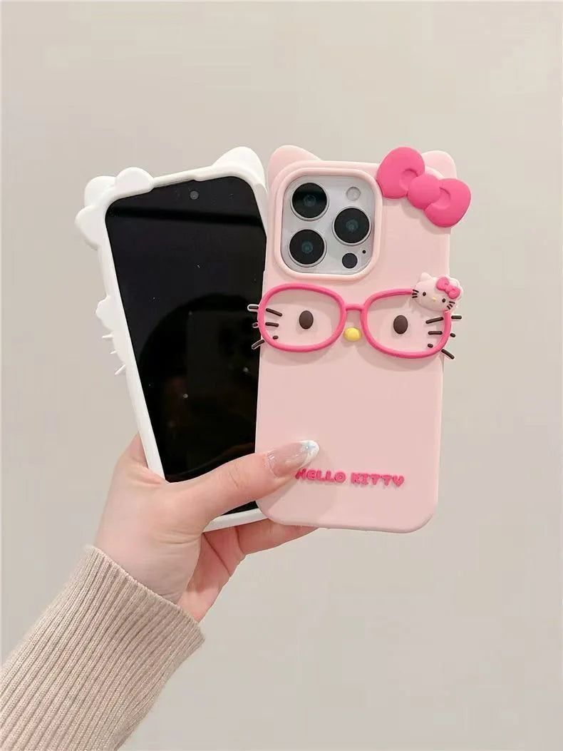 Hello Kitty 3D Glasses Cat Shockproof Silicone Phone Shell for IPhone17 Pro Max 16 15 Plus 14 13 Mini 12 11 4 4S 5 5S 7 8 Series