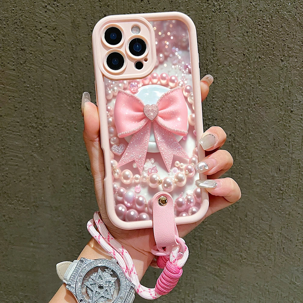 Pink Bow With Pearl Pattern Hand Strap Lanyard Phone Case For iPhone 11 12 13 14 15 16 17 Pro Max Plus 17Air XS X XR 16E Cover