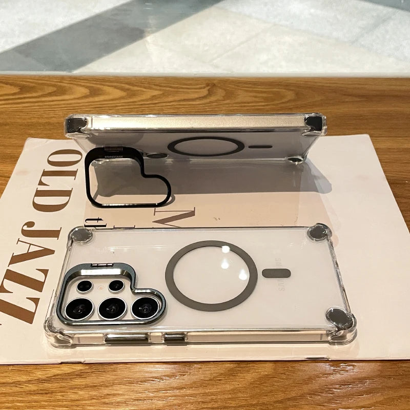 For Magsafe Magnetic Lens Bracket Four Corner Anti Fall Bumper Phone Case For Samsung S25 Ultra S23 S24 Ultra Acrylic Back Cover