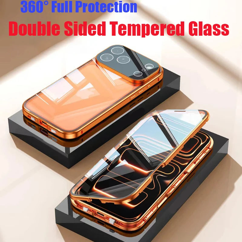360° Full Protection Metal Magnetic Double-Sided Tempered Glass Case for iPhone 17 Pro Max, 17, 17 Air, 17 Pro with Lock Catch