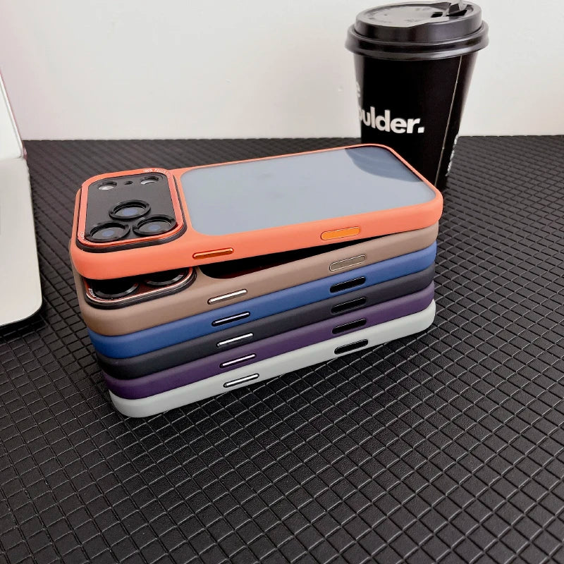 Luxury Solid Color Matte Border Translucent Backplane Armor Phone Case For iPhone 17 Pro Max 15 14 16 Pro Max Bumper Back Cover
