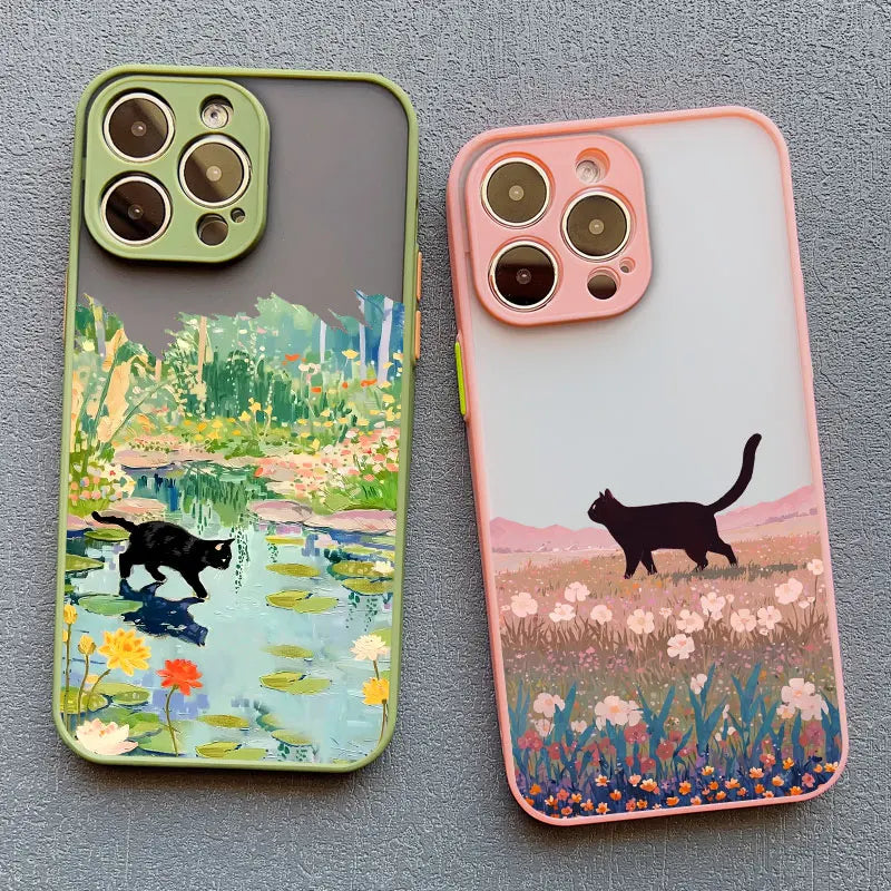 Anime Landscape Painting Cute Cat Phone Case For iPhone 17 16 15 14 Pro Max Plus 11 12 13 Mini Pro Max Shockproof Back Covers