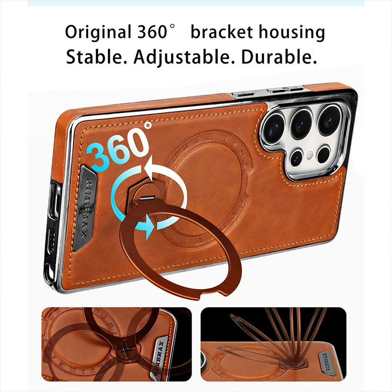 Magnetic Rotating Bracket Luxury Leather Case For Samsung Galaxy S23 S24 S25 S26 Ultra Plus Wireless Charging Shockproof Cover
