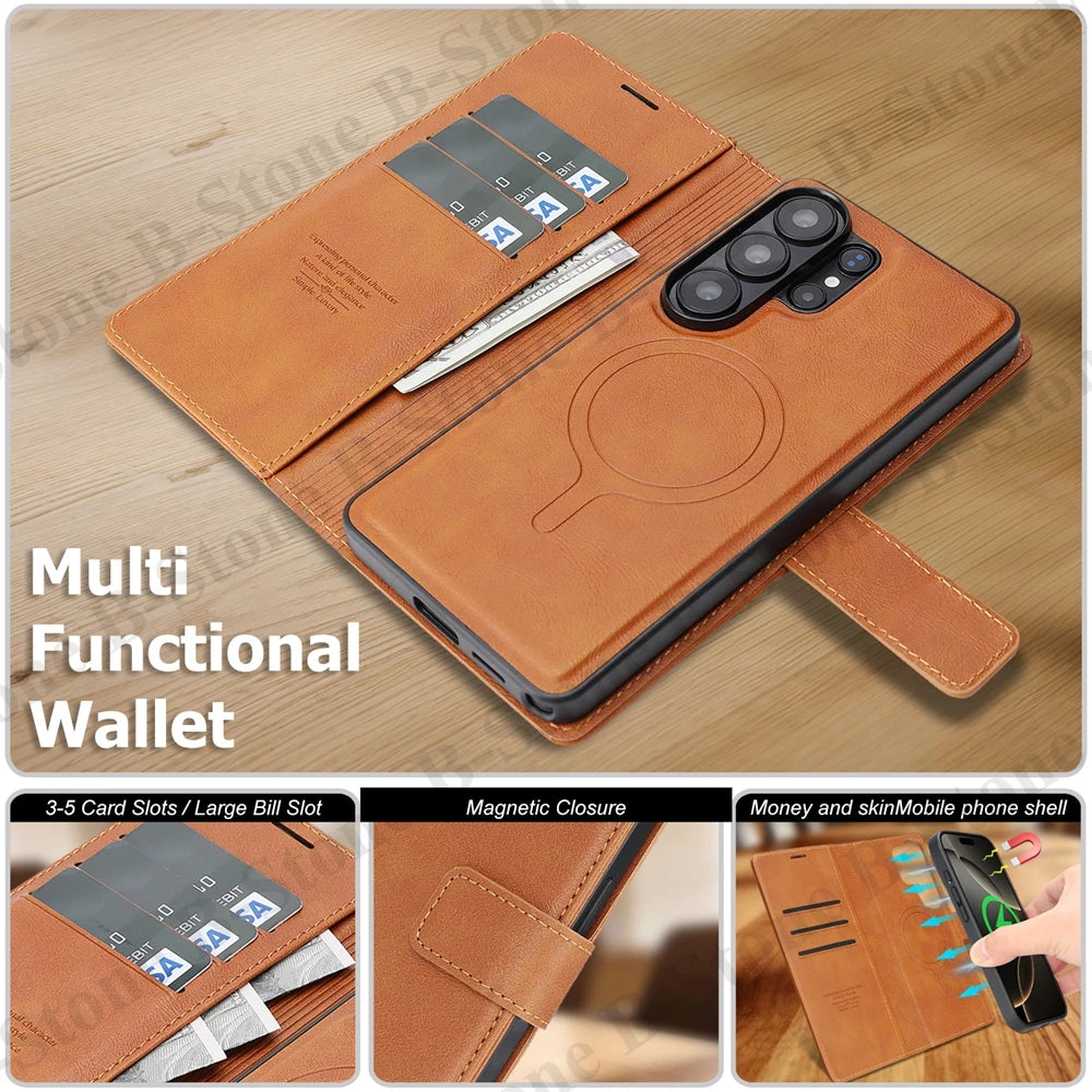 2 In 1 Leather Flip Case for Samsung Galaxy S26 Ultra 25 Plus S24 S23 S26U Wireless Charging Magnetic Cash Card Slots Phone Case