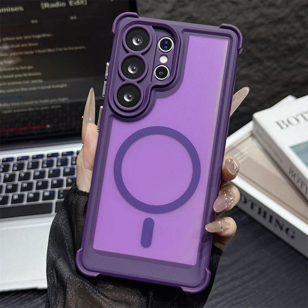 2-in-1 Corners Anti-Drop Magnetic Matte PC Case for Samsung S26 Ultra S25 Plus S24 Airbags for Magsafe Translucent Phone Cover
