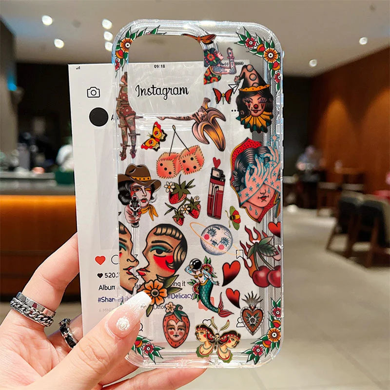 Vintage Tattoo Design Clear phone case For iPhone 17 16 15Pro Max 11 12 13 14Pro Plus Shockproof Funda Shell чехол на айфон