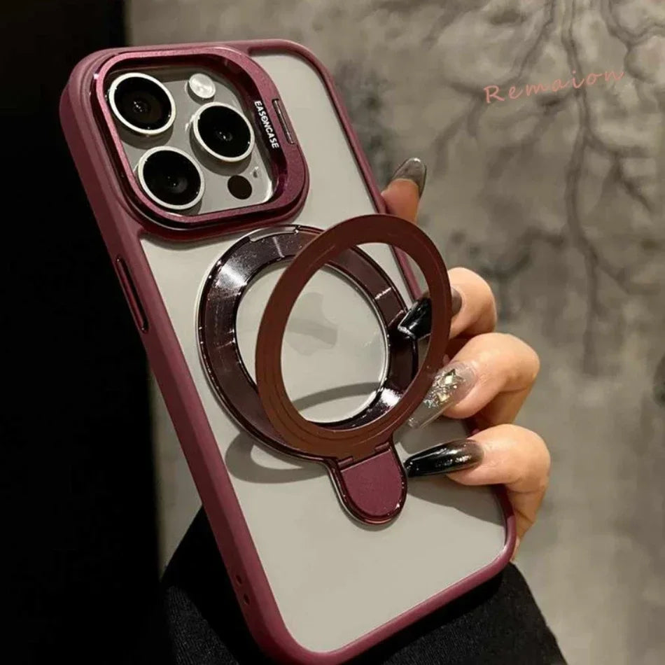 Plum Ring Magnetic Stand Phone Case for iPhone 15 11 13 14 12 16 pro Max 16 plus Magsafe Transparent Glass Lens Protector Cover