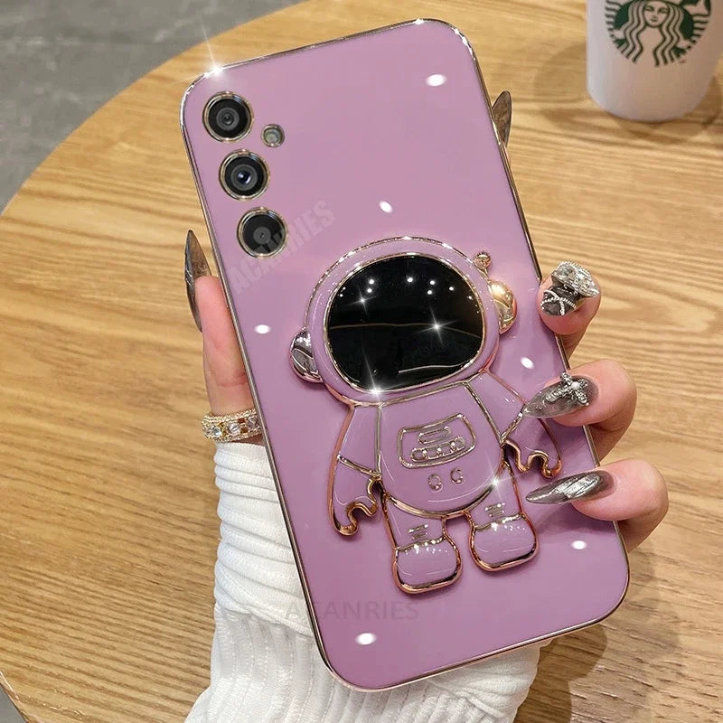 S24FE S25 Ultra Astronaut Holder Plating Case For Samsung Galaxy A16 A26 A36 A56 A15 A35 A55 M15 M35 M55 Silicone Stand Cover