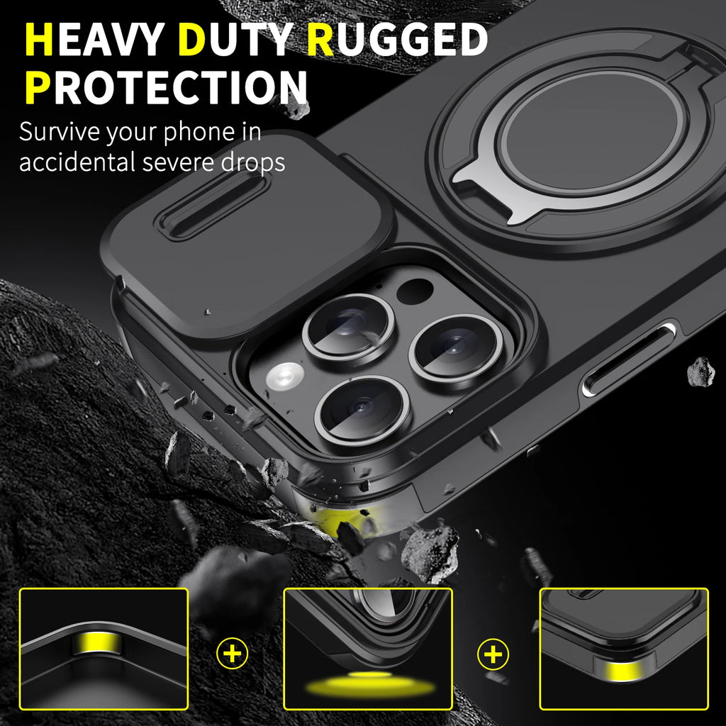 For Magsafe Magnetic Armor Case For iPhone 17 16 15 14 13 12 11 Pro Max Plus Air 17e 16e Ring Holder Slide Camera Protect Cover