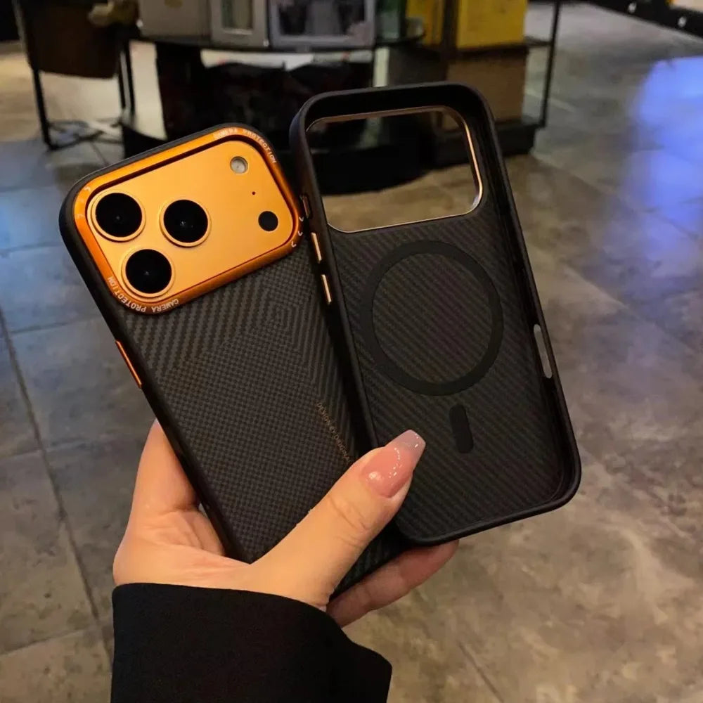 Matte Carbon Fiber Texture Case For iPhone 17 16 15 14 Pro Max Metal Camera Lens Protector Invisible Magnetic Charging Cover