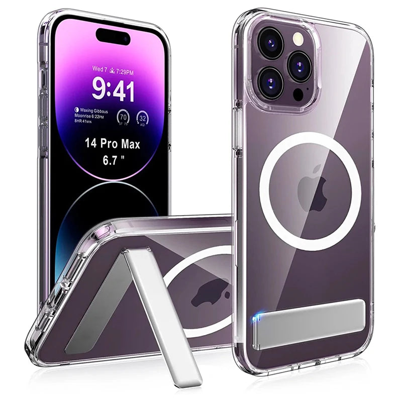 Magnetic Clear Phone Case for Magsafe with Kickstand for iPhone 14 Pro Max 13 12 11 15 Plus Mini Shockproof Mobile Back Cover