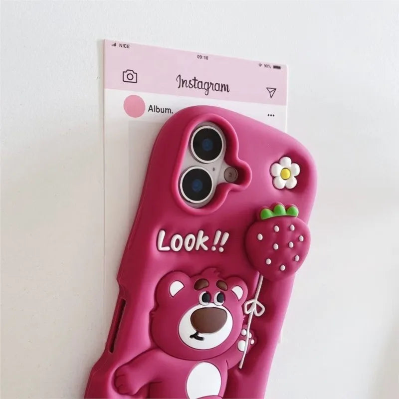 3D Lotso Strawberry Bear Silicone Phone Case with Strawberry Balloon for iPhone 16 15 14 13 12 11 Pro Max Cute Shockproof Cover