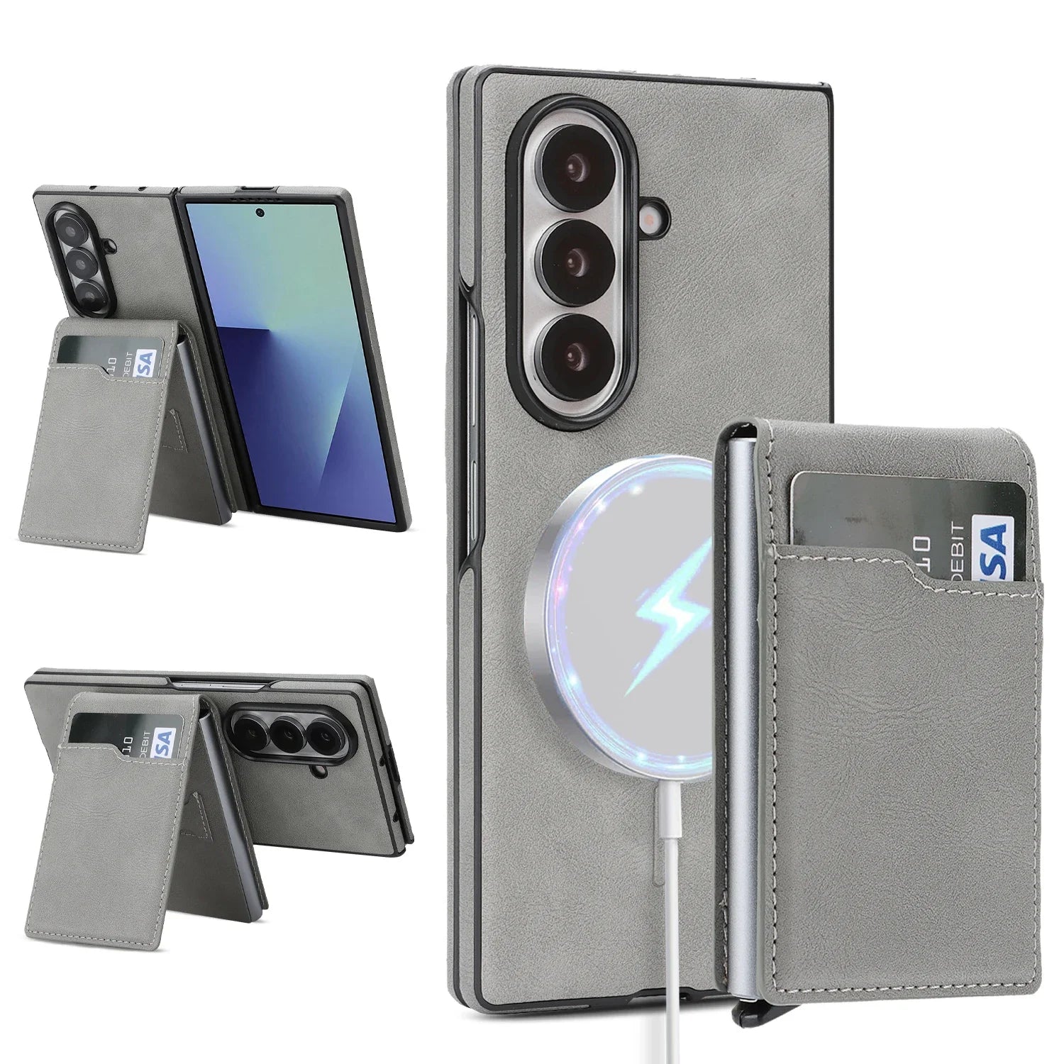 2 in 1 Wireless Charging Leather Case For Samsung Galaxy Z Fold 7 6 5 4 3 Fold7 Magnetic Card Slots Cards Holder Phone Cover