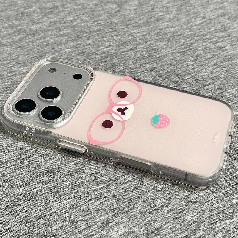 Cute Pink Strawberry Glasses Bear Phone Case For iPhone 11 12 13 14 15 16 17 Pro Max 16e 17 Air X XR XS 7 8 Plus Soft Back Cover