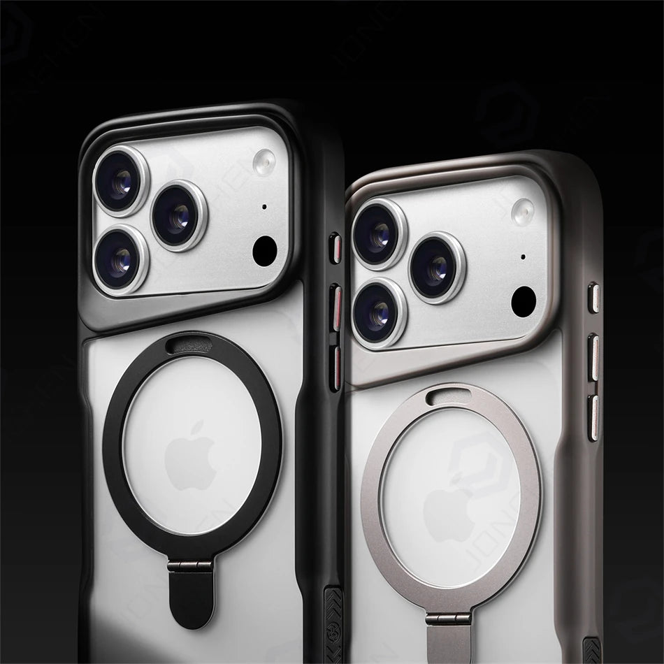For Magsafe Magnetic Charge Translucent Armor Case For iPhone 17 16 15 14 13 Pro Max Metal Bracket Stand Holder Clear Cover