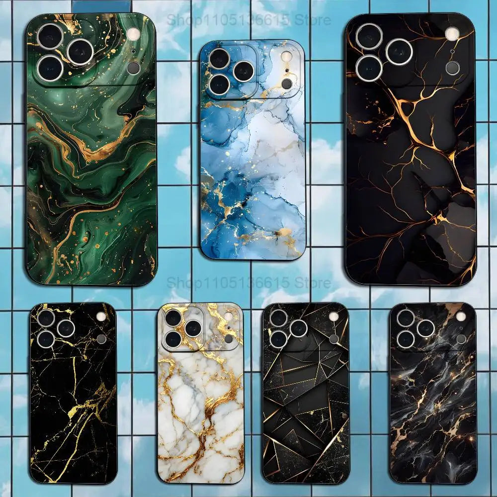 Marble Art Black Gold Case For iPhone 12,14,15,16,17,13,11,X,Mini,Plus,Pro Max,8,7,XR,SE,XS,Soft Silicone Black