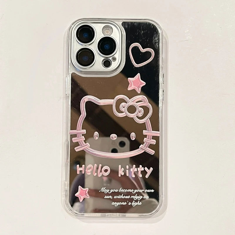 Cute Cartoon Sanrio Y2K Hello Kitty Silver Plating Phone Case For iPhone 16 15 14 13 12 11 Pro Max Cases Mirror Surface  Cover
