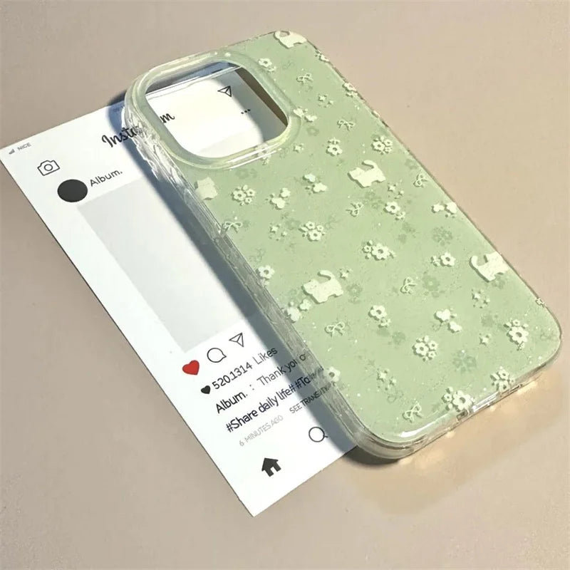 Crystal transparent white light IND matcha green floral cat phone case with bead chain for iPhone 11 12 13 14 15 16 17 Pro max